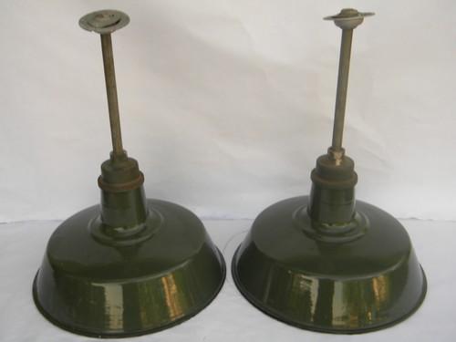 pair of 18'' industrial vintage barn / stable pendant lights w/green & white shades