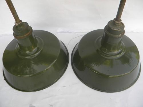 pair of 18'' industrial vintage barn / stable pendant lights w/green & white shades