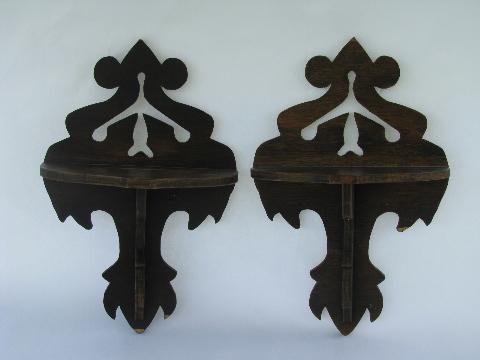 pair of 1930s vintage fretwork wood wall bracket shelves