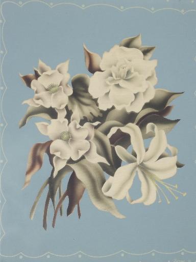 pair of 40s vintage Turner floral prints, shabby cottage flower pictures