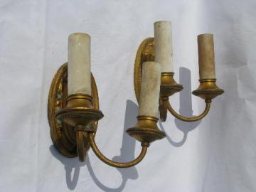 pair of antique electric branched wall sconces, vintage brass sconce lamps