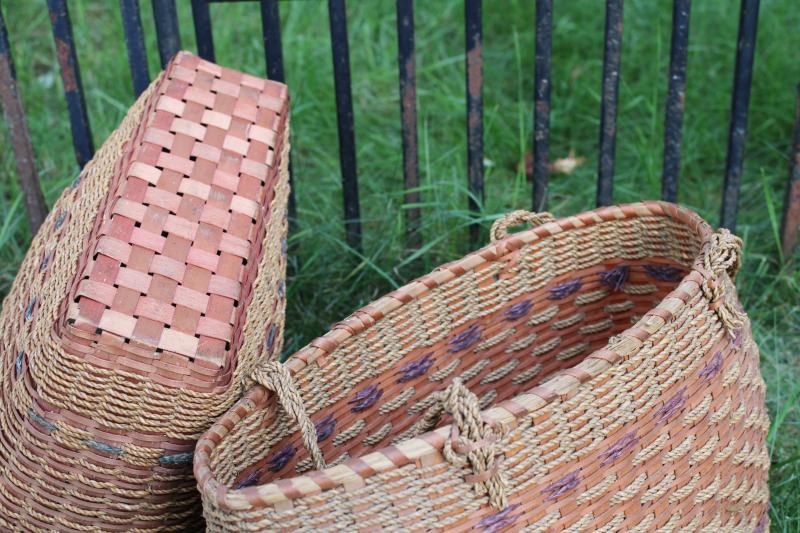 pair of antique market baskets, 1920s 30s vintage hemp rope woven totes