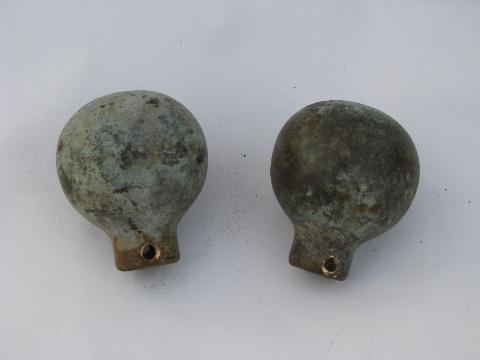 pair of antique vintage ball finial tips for horse harness hames, solid brass