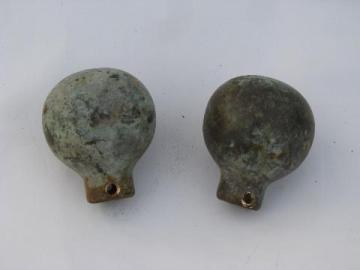 pair of antique vintage ball finial tips for horse harness hames, solid brass