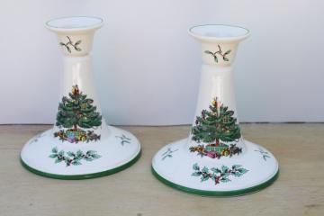 pair of candlesticks vintage Spode England Christmas tree pattern candle holders