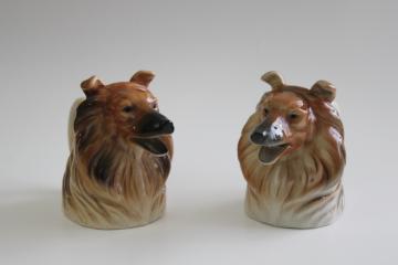 pair of collie dogs Toby mug style pitchers, vintage Japan hand painted ceramic creamers