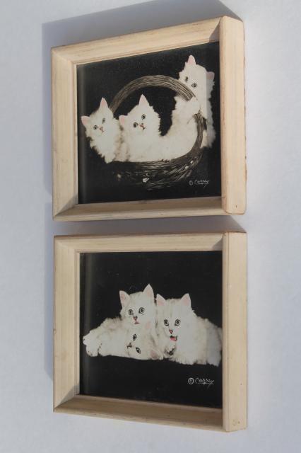 pair of cute kitten pictures, 1940s vintage hand colored photos in miniature wood frames