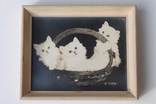 pair of cute kitten pictures, 1940s vintage hand colored photos in miniature wood frames