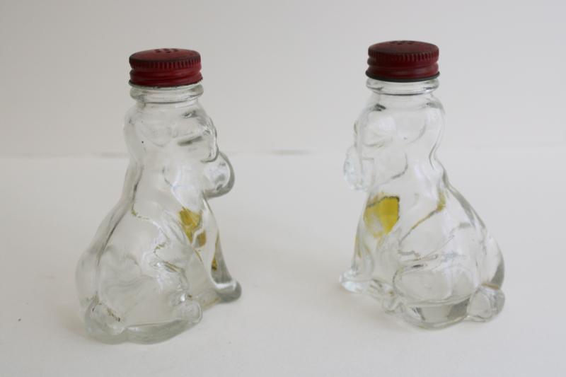 pair of dog shakers figural glass bottles candy container liquor bottle label