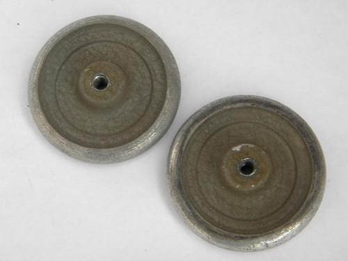 pair of industrial machine-age vintage aluminum hand wheels or handles