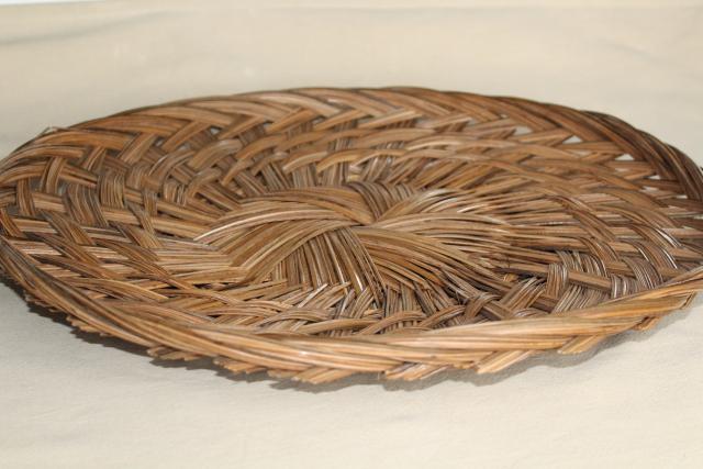 pair of large round basket trays, vintage woven straw herb drying baskets
