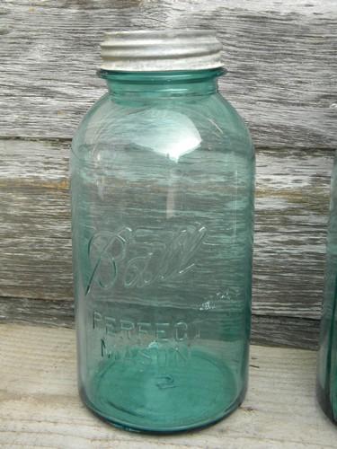 pair of old blue glass Ball mason jar storage canisters w/ lids, 2 qt size