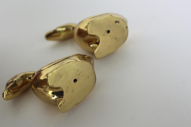 pair of polished brass ducks, solid metal animal figurines w/ shiny gold color