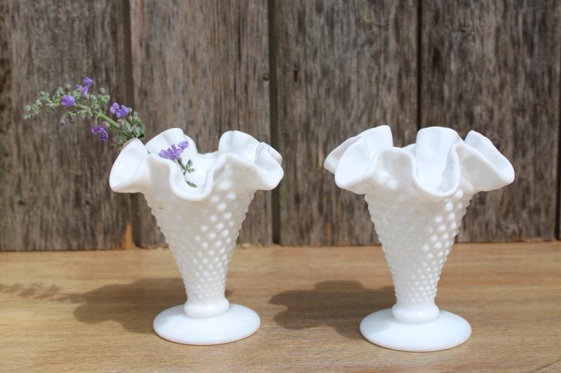 pair of small trumpet horn vases, vintage Fenton hobnail milk glass