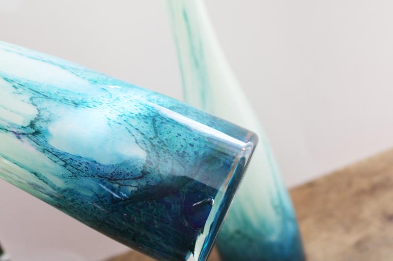 pair of tall art glass floor or table vases, ocean green swirled glass 