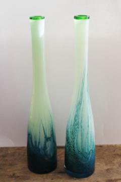 pair of tall art glass floor or table vases, ocean green swirled glass 