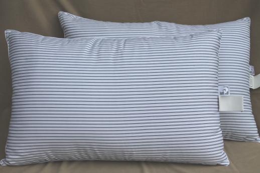 pair of ticking stripe white down pillows, 90s vintage luxury bedding Down Inc 
