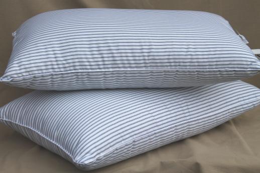 pair of ticking stripe white down pillows, 90s vintage luxury bedding Down Inc 