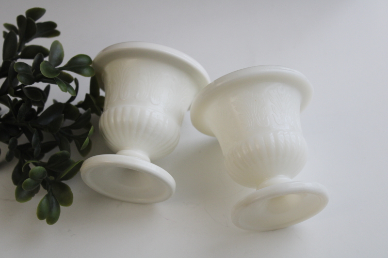 pair of tiny art deco vases Macbeth Evans Creamax translucent ivory glass, vintage depression glass