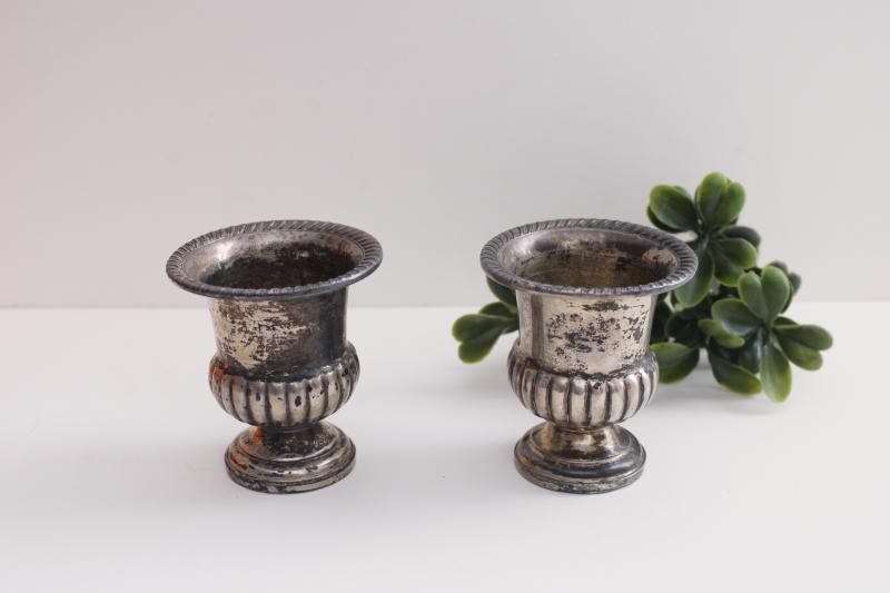 pair of tiny old sterling silver vases or spill holders, trophy cup shape urns