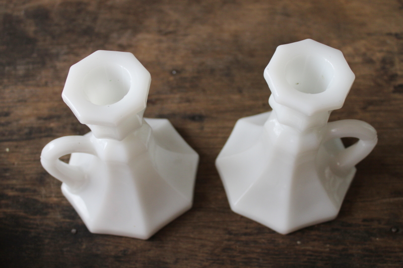 pair of vintage Anchor Hocking milk glass candlesticks, chamber candle holders w/ handles