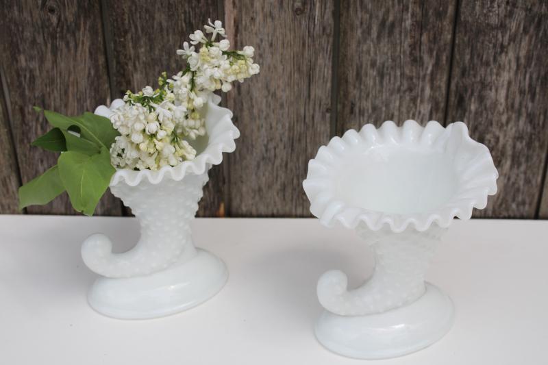 pair of vintage Fenton cornucopia candle holder vases, hobnail milk glass horns 