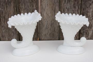 pair of vintage Fenton cornucopia candle holder vases, hobnail milk glass horns 
