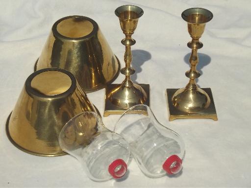 pair of vintage brass candle lamps, solid brass candlesticks w/ shades