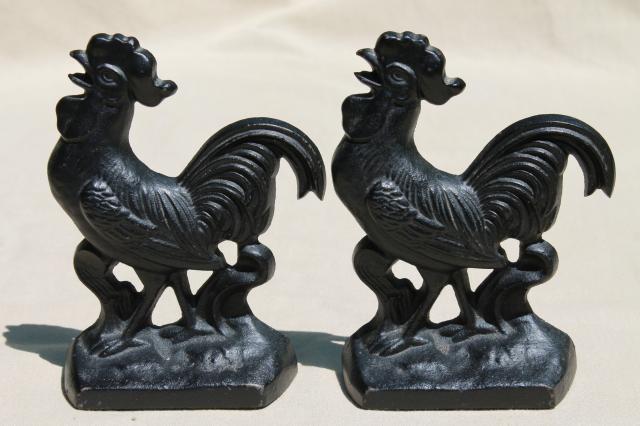 pair of vintage cast iron roosters bookends, bantam rooster book ends set