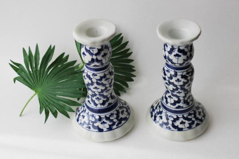 pair of vintage china candlesticks w/ tile pattern in cobalt blue & white 
