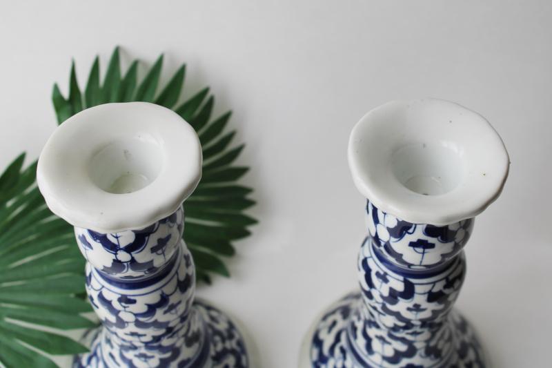 pair of vintage china candlesticks w/ tile pattern in cobalt blue & white 