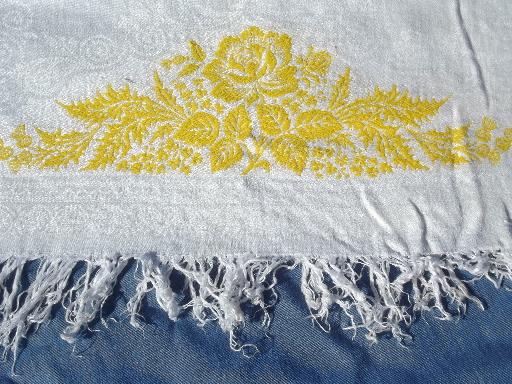 pair of vintage cotton damask towels, yellow rose leaf floral border