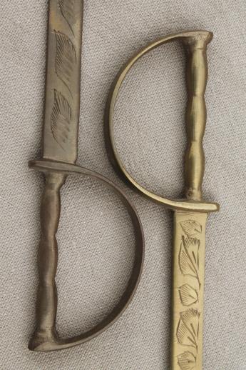 pair of vintage etched brass swords, small sword paper knives / letter openers