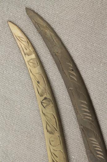 pair of vintage etched brass swords, small sword paper knives / letter openers