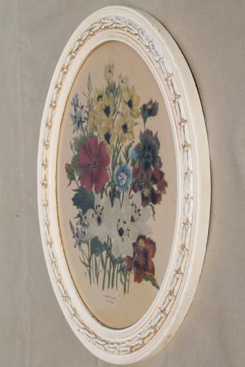 pair of vintage floral botanical flower prints in oval wood picture frames