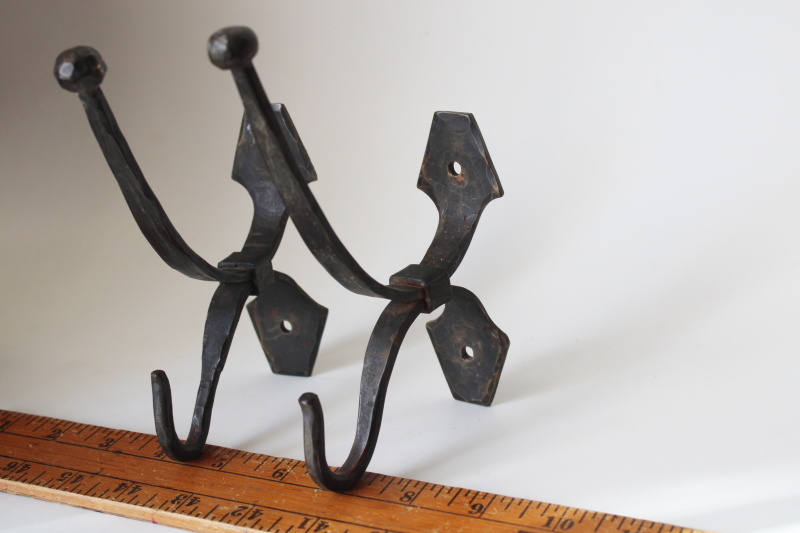 pair of vintage forged iron coat hooks, wall mount hangers rustic farmhouse style