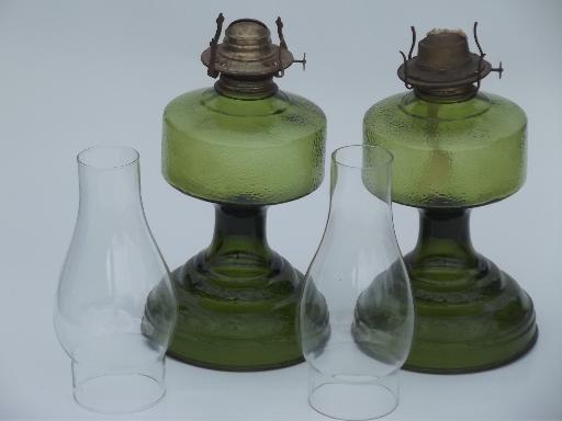 pair of vintage glass oil lamps, homesteader antique chimney lamp w/ shade 