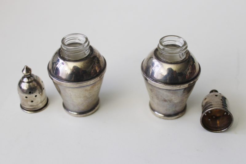 pair of vintage sterling salt and pepper shakers, glass jars w/ silver, S&P set