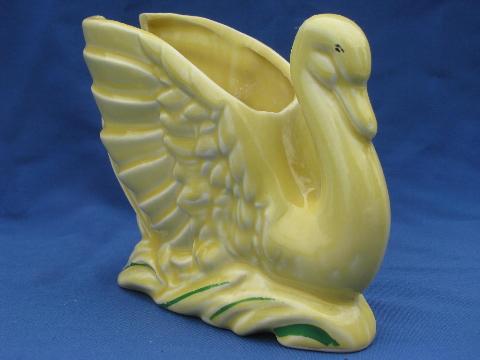 pair of yellow pottery swans, mid-century vintage flower pot planters