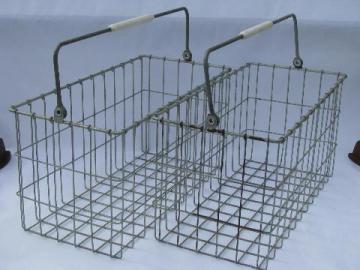 pair old milk bottle carrier baskets, vintage wire dairy crates w/ handles
