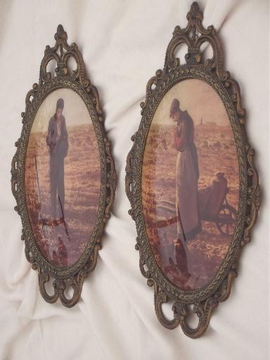 pair ornate metal picture frames w/  curved convex glass, gleaners prints