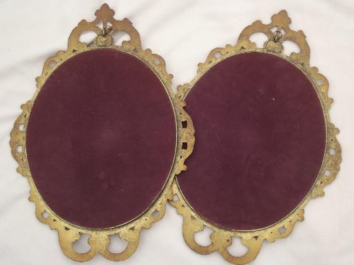 pair ornate metal picture frames w/  curved convex glass, gleaners prints