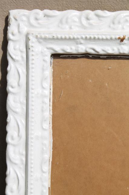 pair ornate wood picture frames w/ old white paint, shabby cottage chic