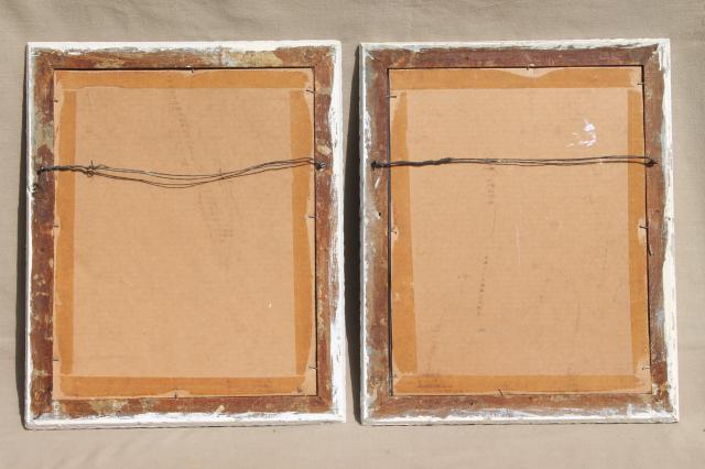 pair ornate wood picture frames w/ old white paint, shabby cottage chic