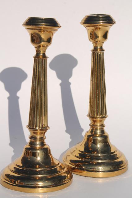 pair polished brass candlesticks, vintage candle holders, English brass hollowware