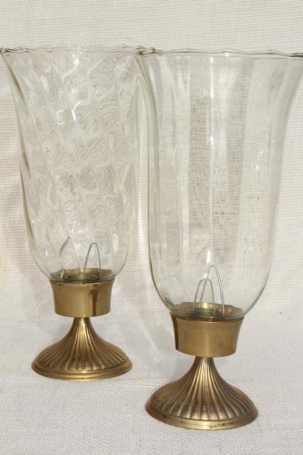 Pair Solid Brass Candlesticks Vintage Candle Holders Optic Glass Hurricane Shades 