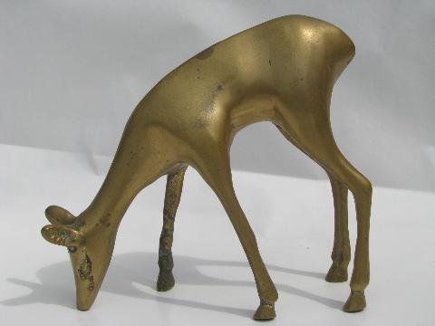 pair solid brass deer figures, 70s vintage brassware sculptures
