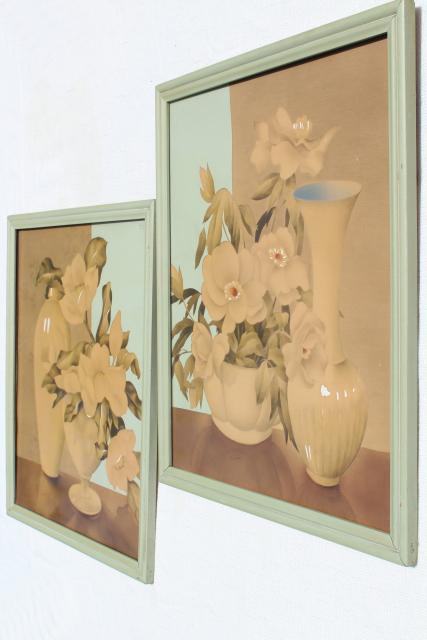 pair vintage 40s 50s framed prints, retro florals aqua & tan still life art