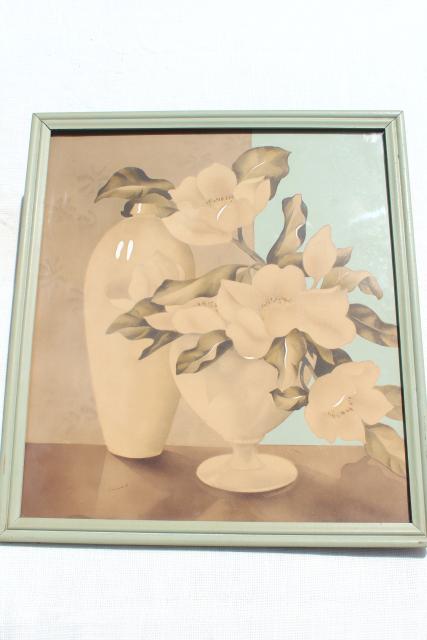 pair vintage 40s 50s framed prints, retro florals aqua & tan still life art