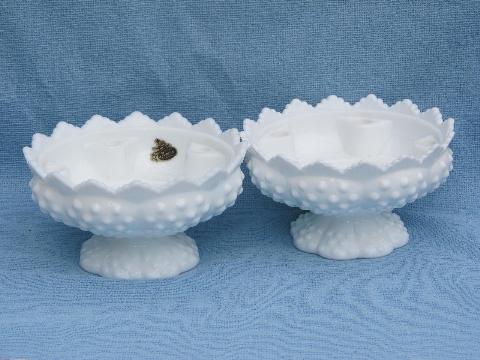 pair vintage Fenton hobnail milk glass candle bowls for flowers
